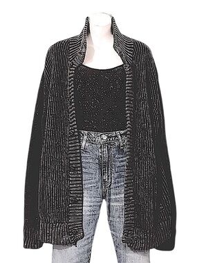 Vintage Dark Charcoal Gray Ribbed Knit Oversized Button Down Cardigan Sweater L